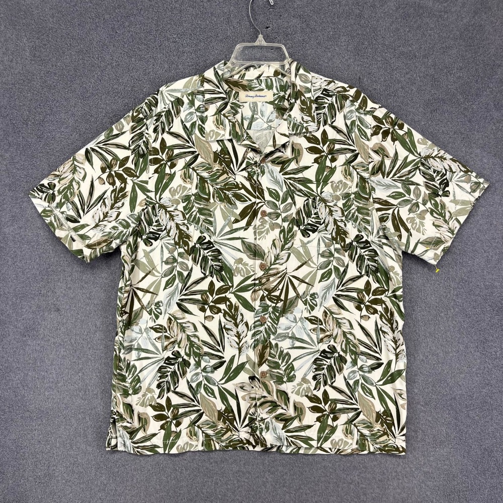 Tommy Bahama Camp Shirt Mens XL Ceam Green Tropical Leaf Linen Blend Hawaiian